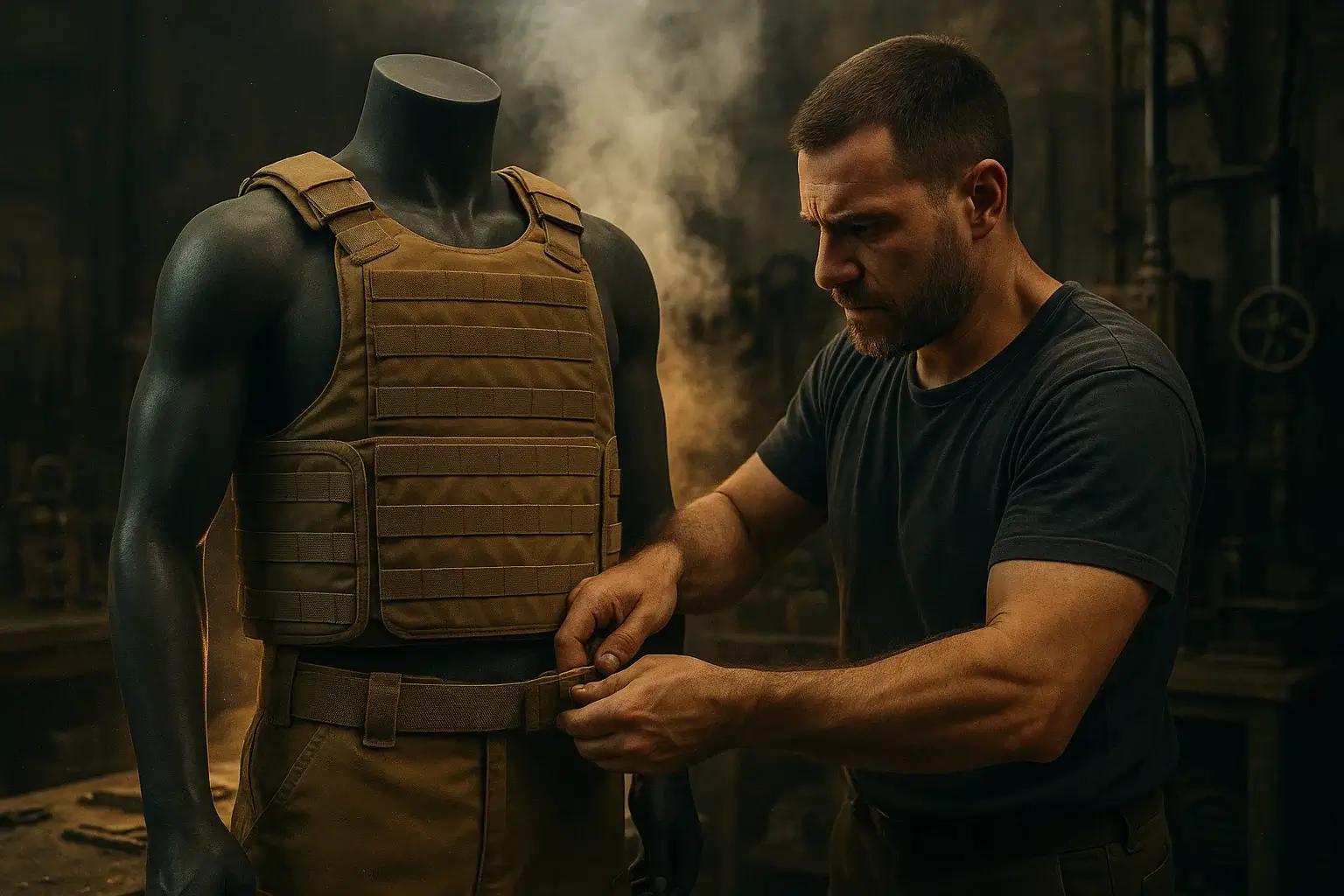 рабочий закрепляет застёжку бронежилета на манекене