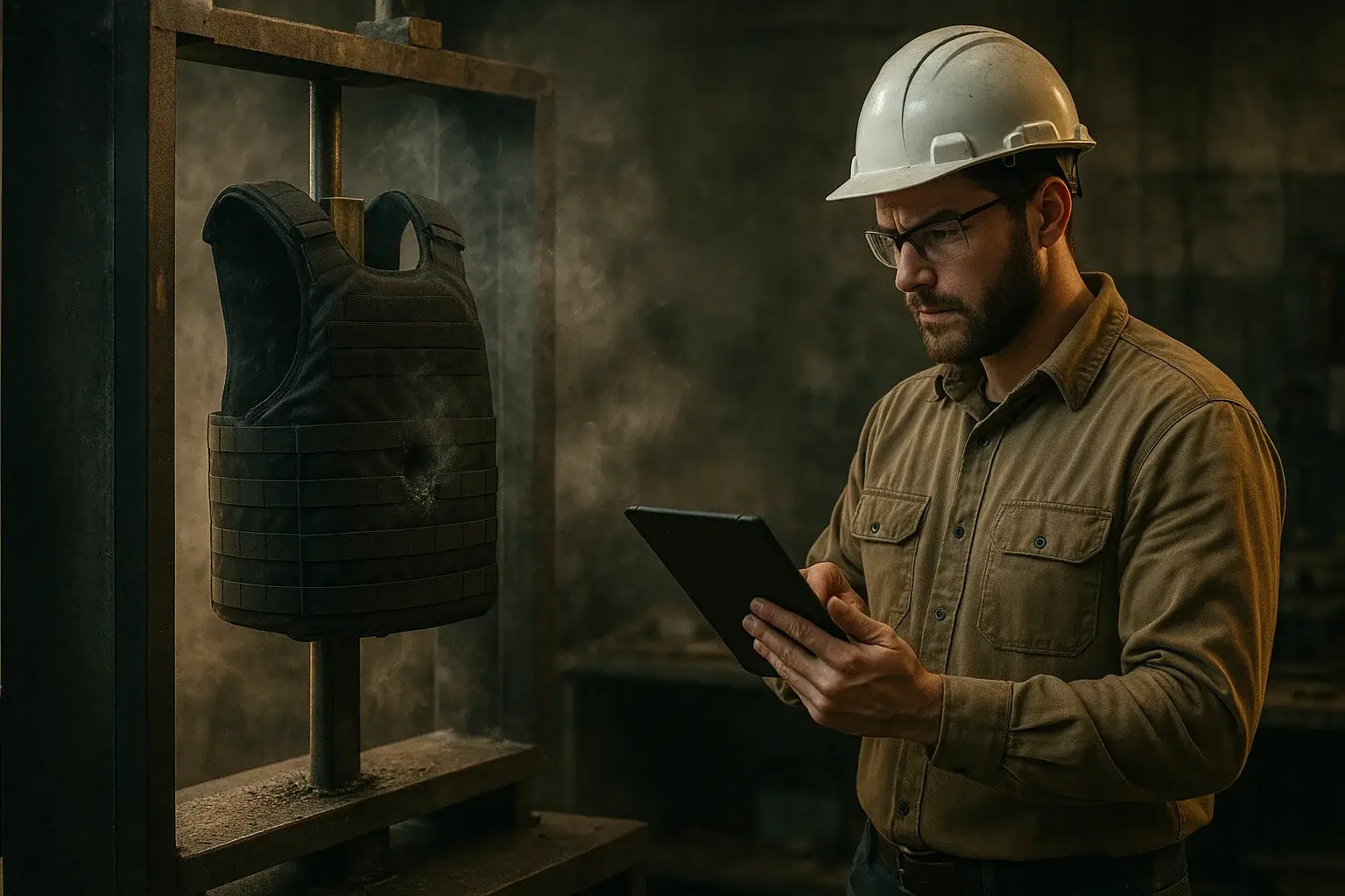 инженер с планшетом у испытательного стенда