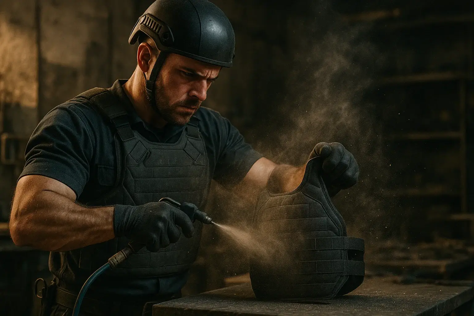 работник очищает бронедеталь сжатым воздухом