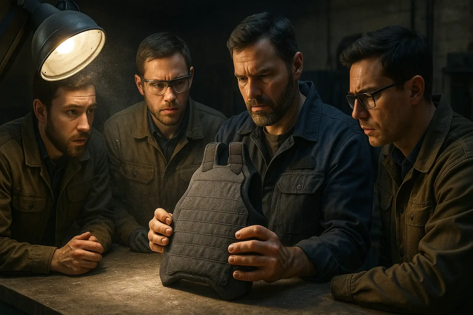 инженеры рассматривают образец бронемодуля под прожектором