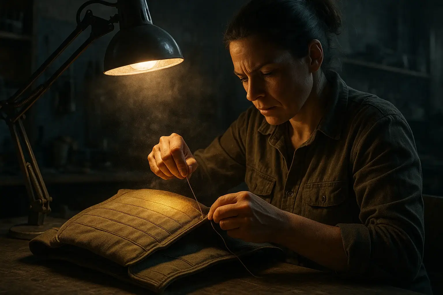 швея прошивает ткань бронежилета под лампой