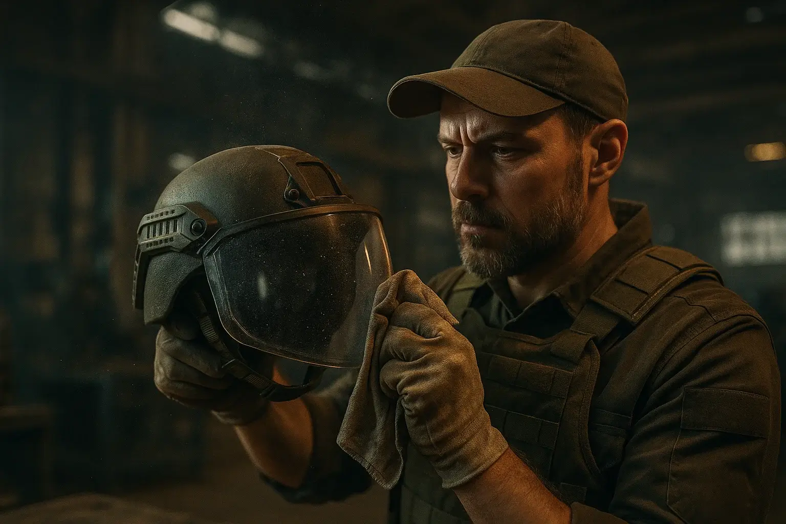 мастер протирает стекло защитного шлема