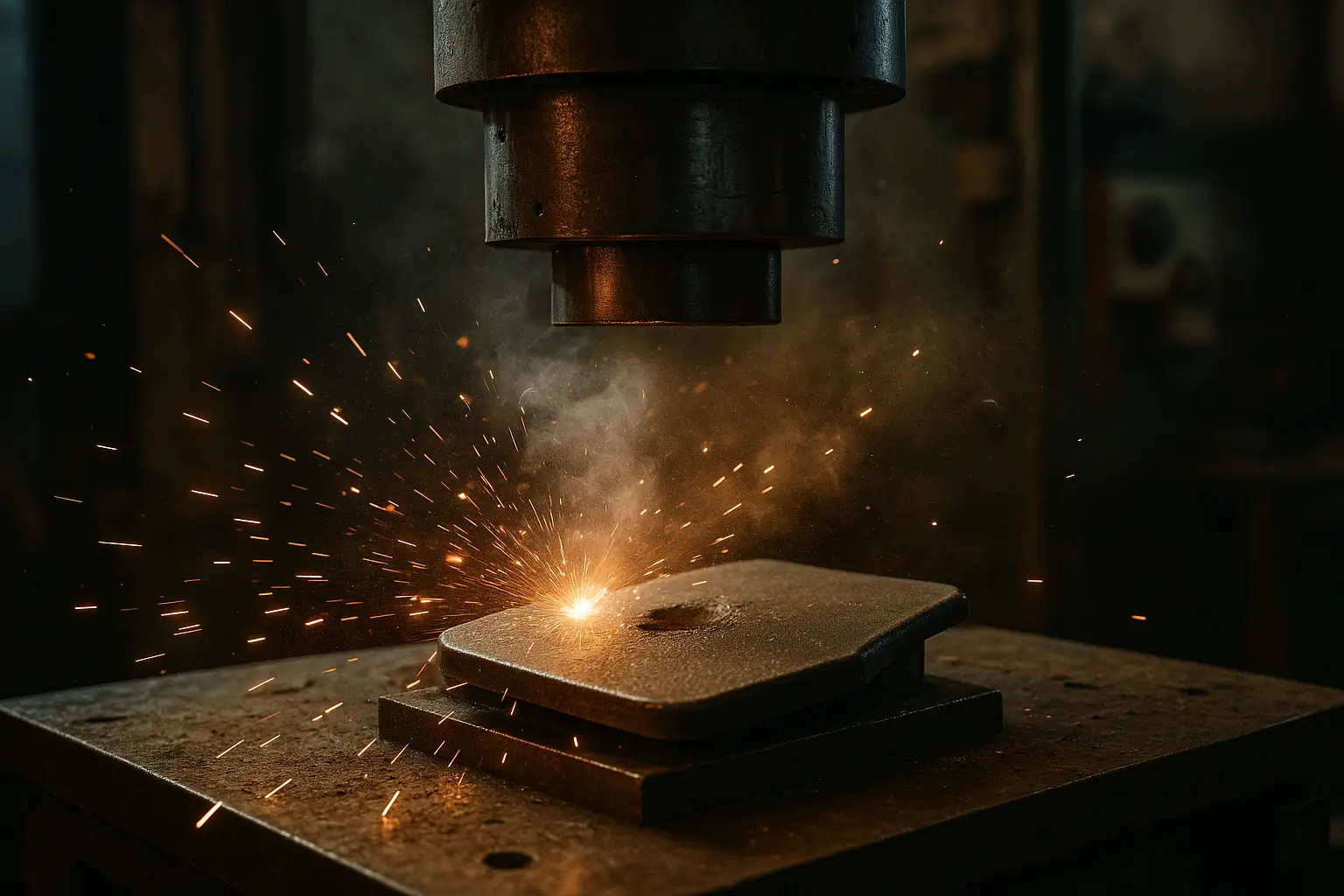 металлическая деталь бронежилета под прессом с искрами