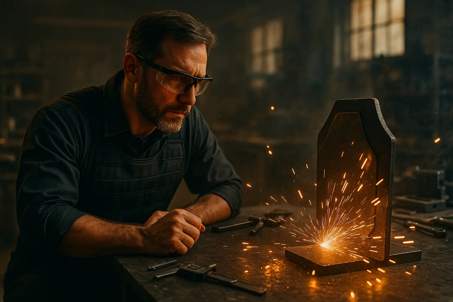 инженер наблюдает за испытанием бронепластины с искрами