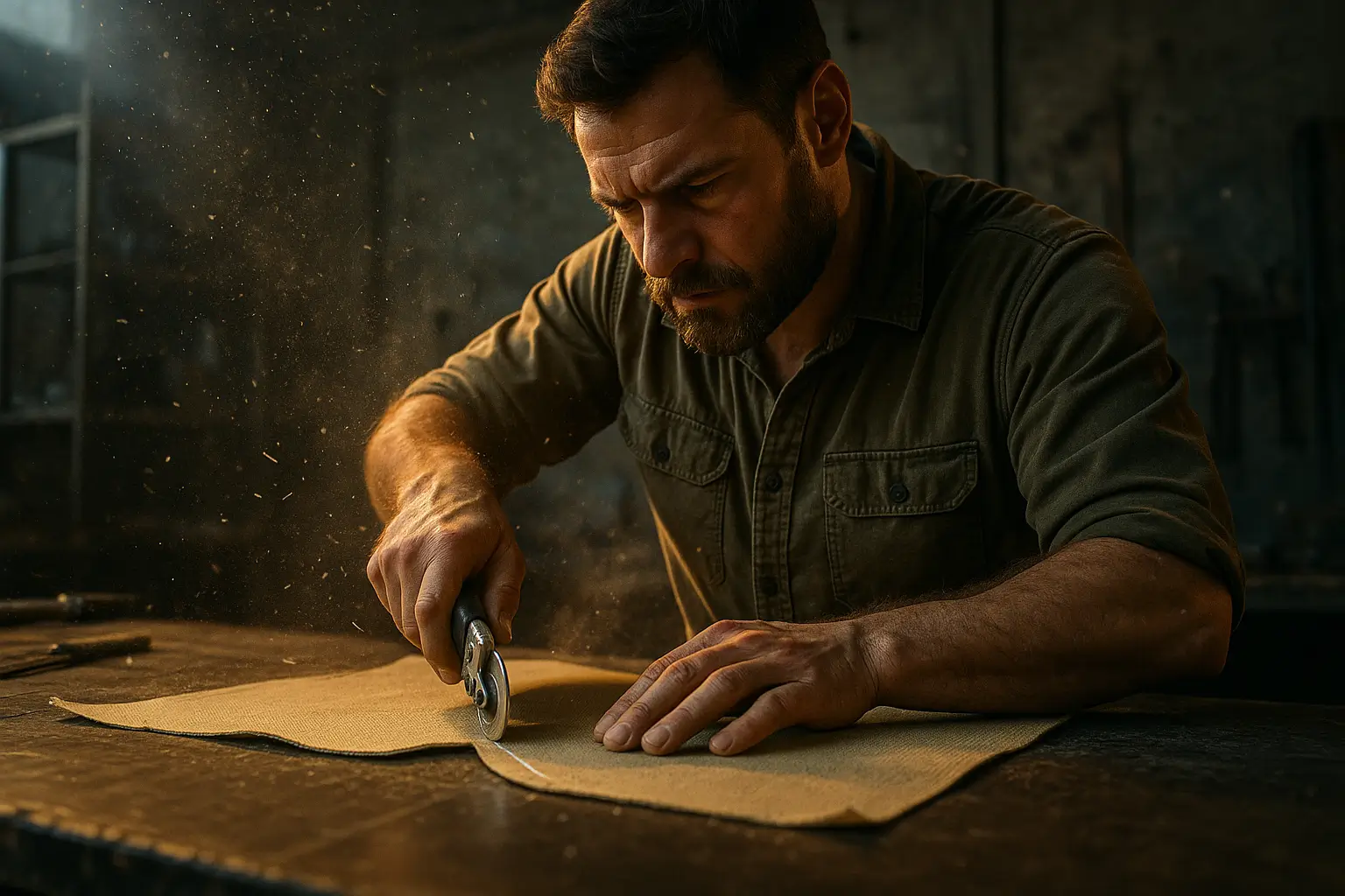 мастер вырезает ткань для бронежилета