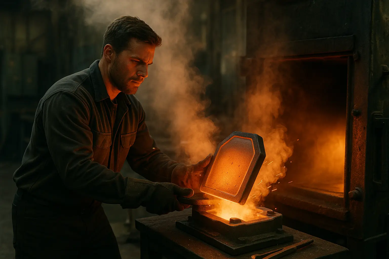 рабочий достаёт нагретую форму из печи