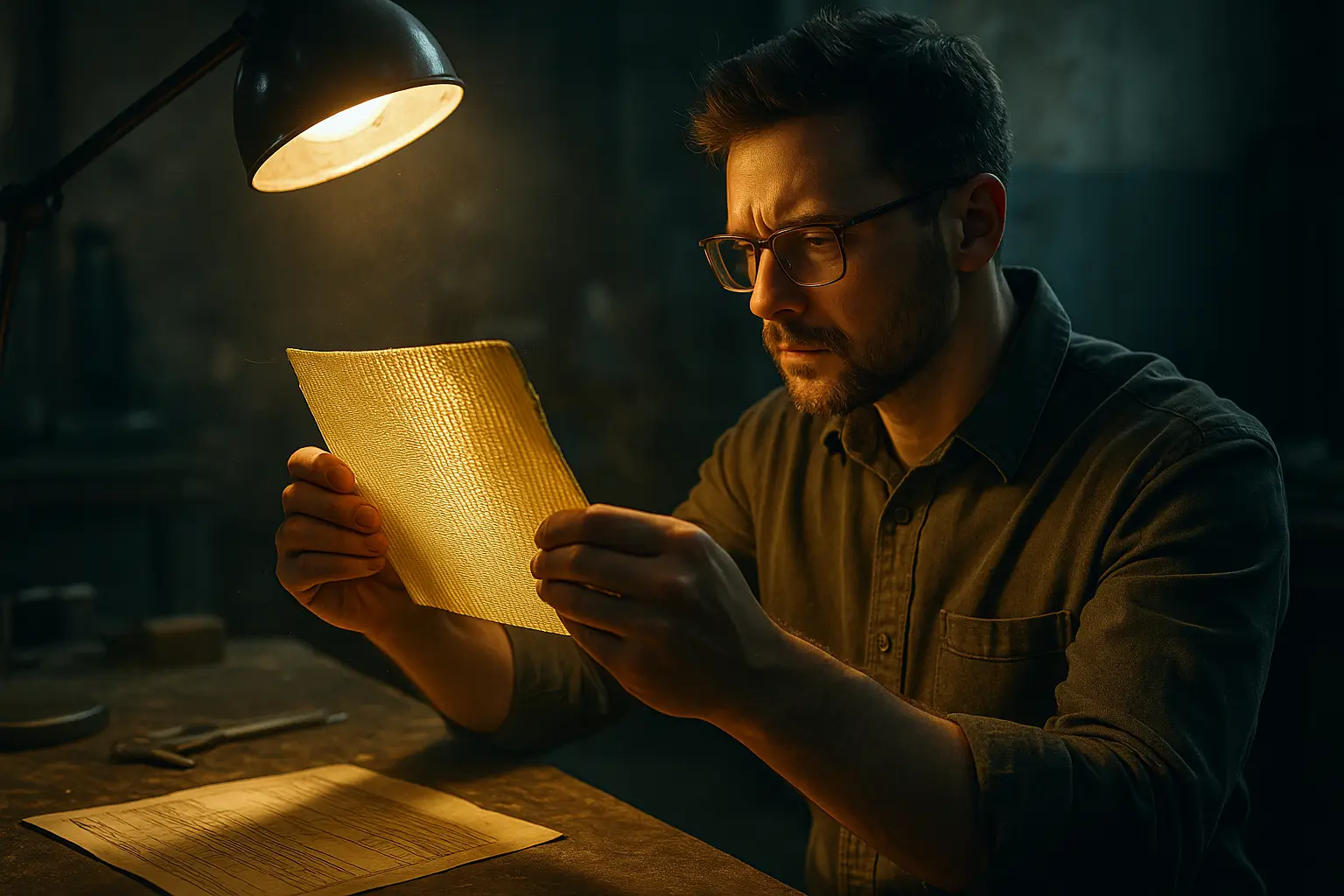 инженер изучает кевларовую ткань под светом лампы