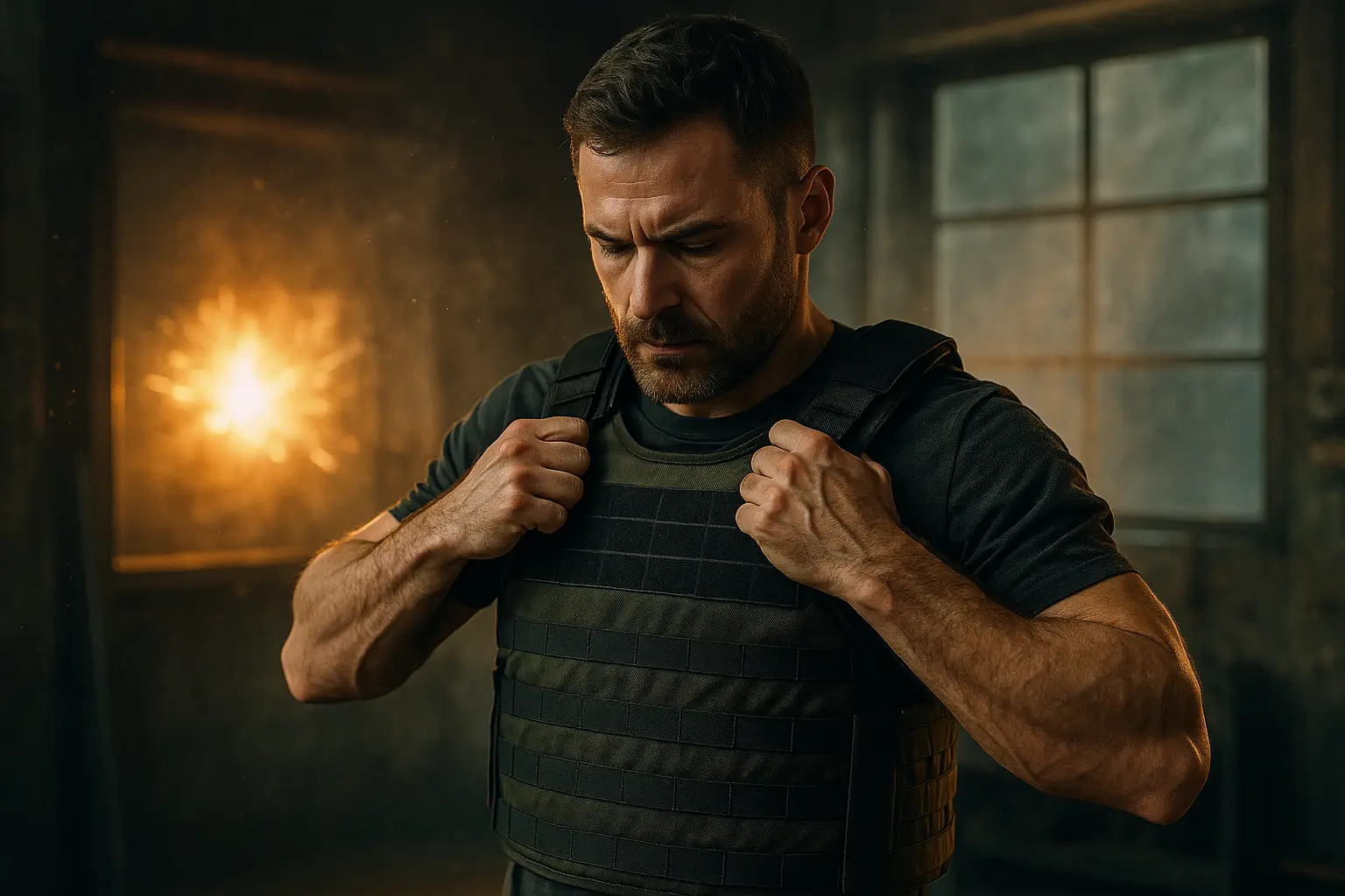 испытатель надевает бронежилет перед испытанием